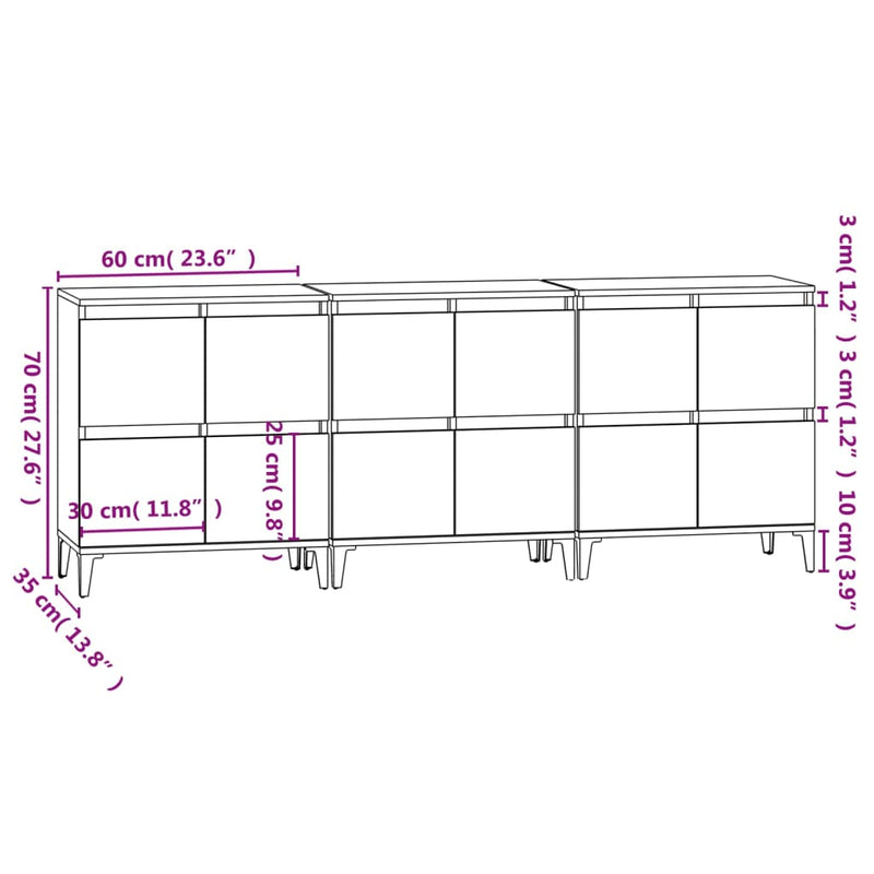 vidaXL 3 db betonszürke szerelt fa tálalószekrény 60 x 35 x 70 cm