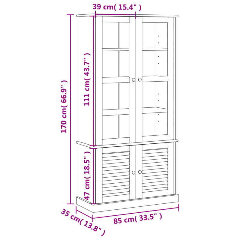 vidaXL VIGO üvegvitrines tömör fenyőfa éjjeliszekrény 85x35x170 cm