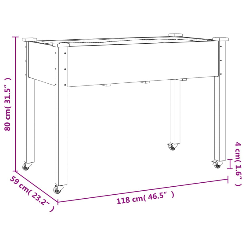 vidaXL tömör fenyőfa kerekes ültetőláda béléssel 118x59x80 cm