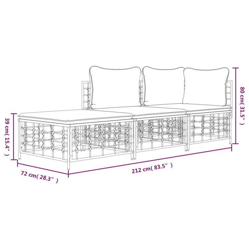 vidaXL 3 részes antracitszürke polyrattan kerti ülőgarnitúra párnákkal