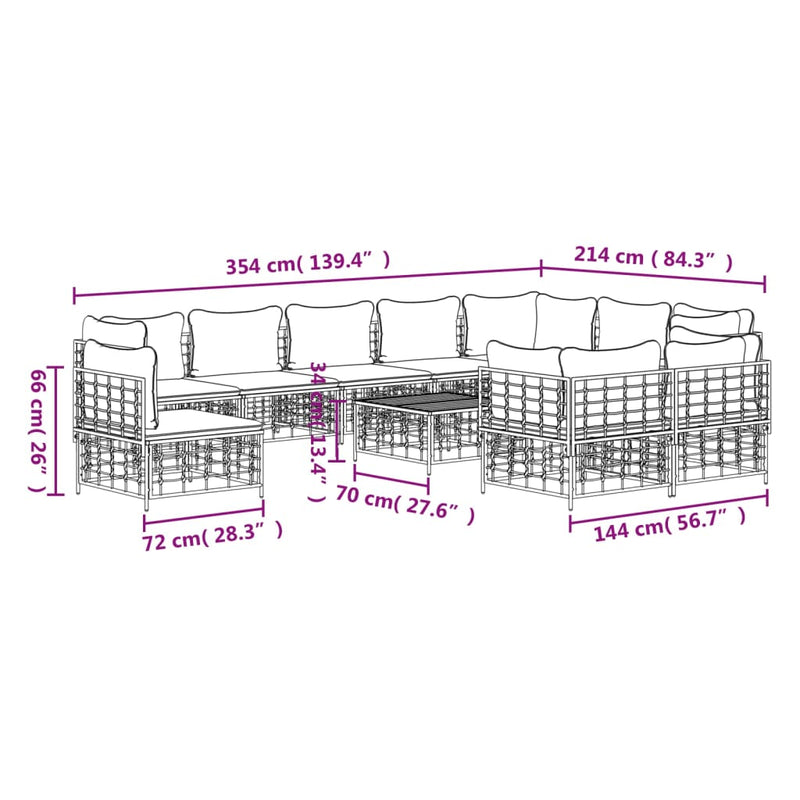 vidaXL 11 részes antracitszürke polyrattan kerti ülőgarnitúra párnával