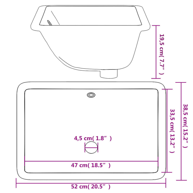 vidaXL négyszögletű kerámia fürdőszobai mosdókagyló 52x38,5x19,5cm