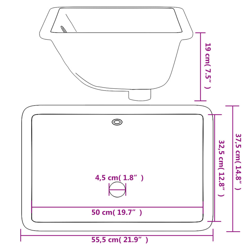 vidaXL fehér négyszögű kerámia fürdőszobai mosdókagyló 55,5x37,5x19 cm