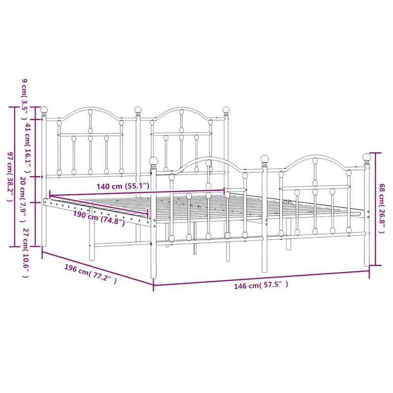 vidaXL fekete fém ágykeret fej- és lábtámlával 140 x 190 cm