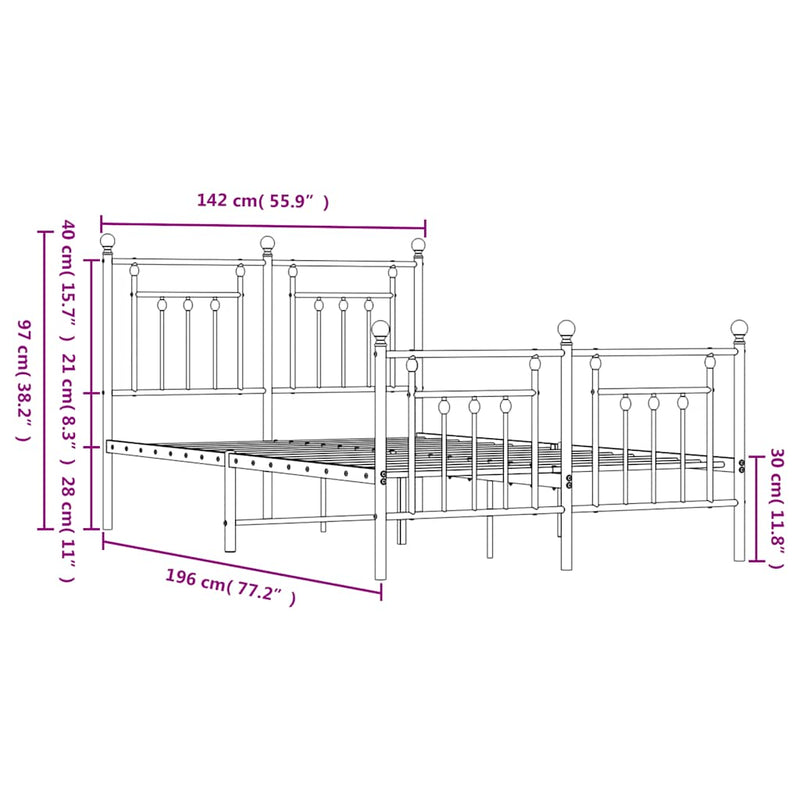 vidaXL fekete fém ágykeret fej- és lábtámlával 135 x 190 cm