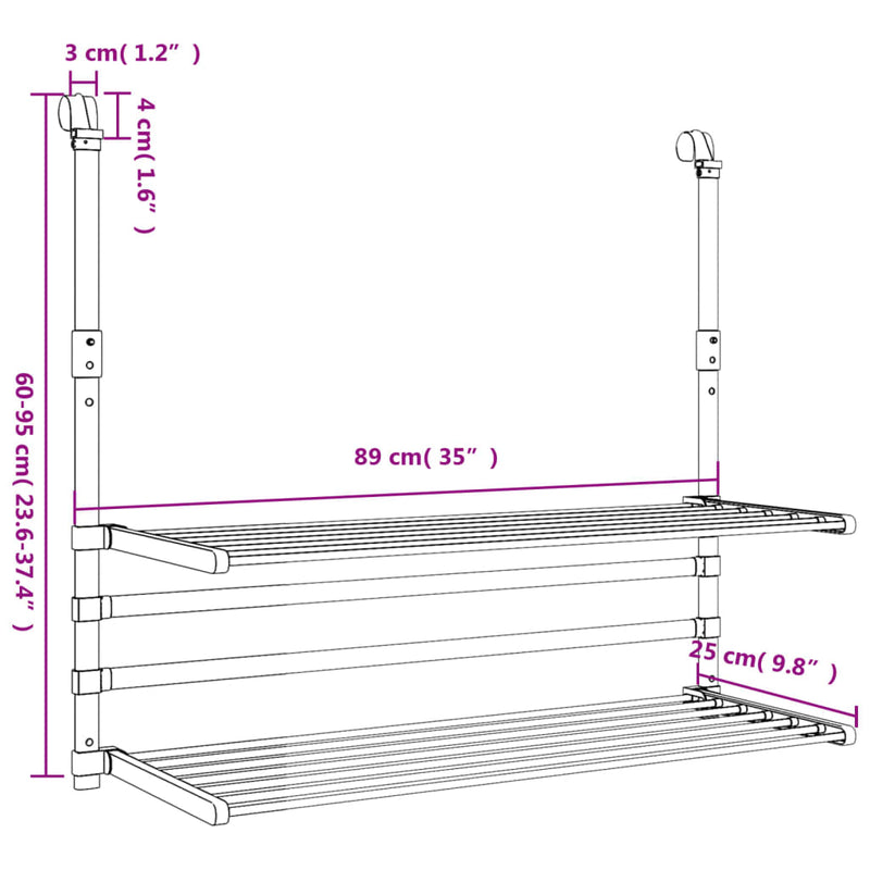 vidaXL alumínium erkély ruhaszárító 89 x 25 x (60-95) cm