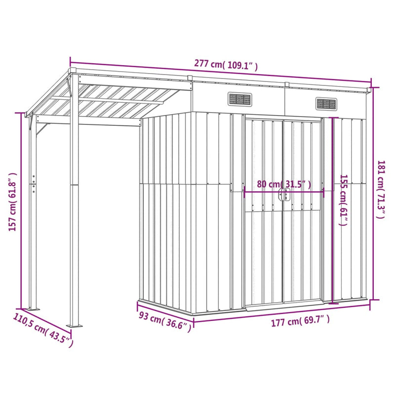 vidaXL zöld kerti fészer meghosszabbított tetővel 277 x 110,5 x 181 cm