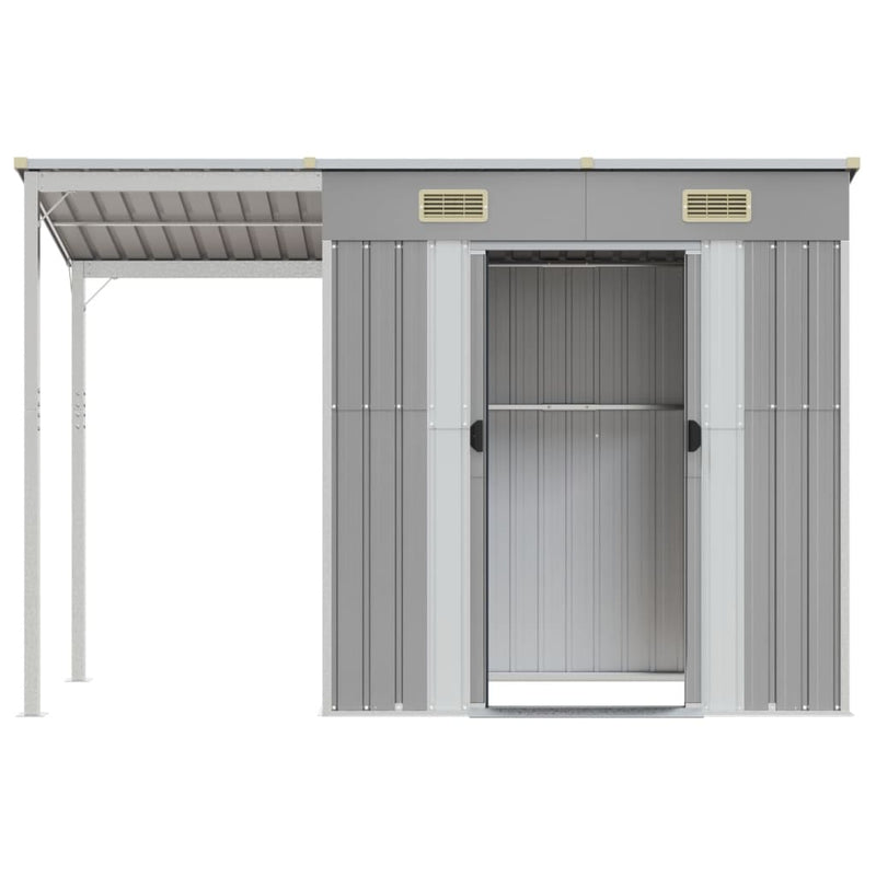 vidaXL világosszürke fészer meghosszabbított tetővel 277x110,5x181 cm
