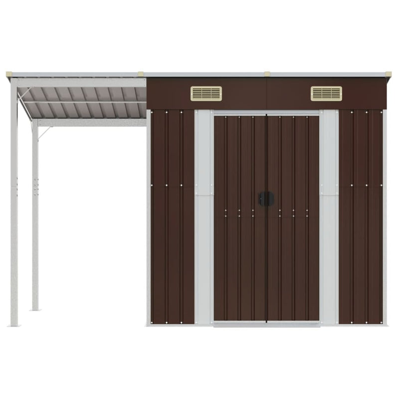 vidaXL barna kerti fészer meghosszabbított tetővel 277x110,5x181 cm