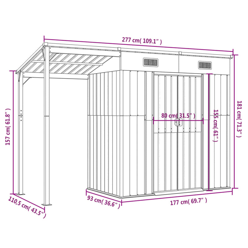 vidaXL világosbarna fészer meghosszabbított tetővel 277x110,5x181 cm