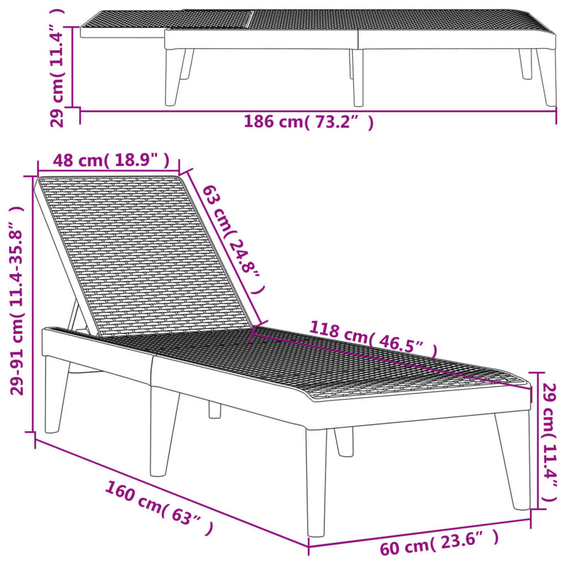 vidaXL szürke PP napozóágy 186 x 60 x 29 cm