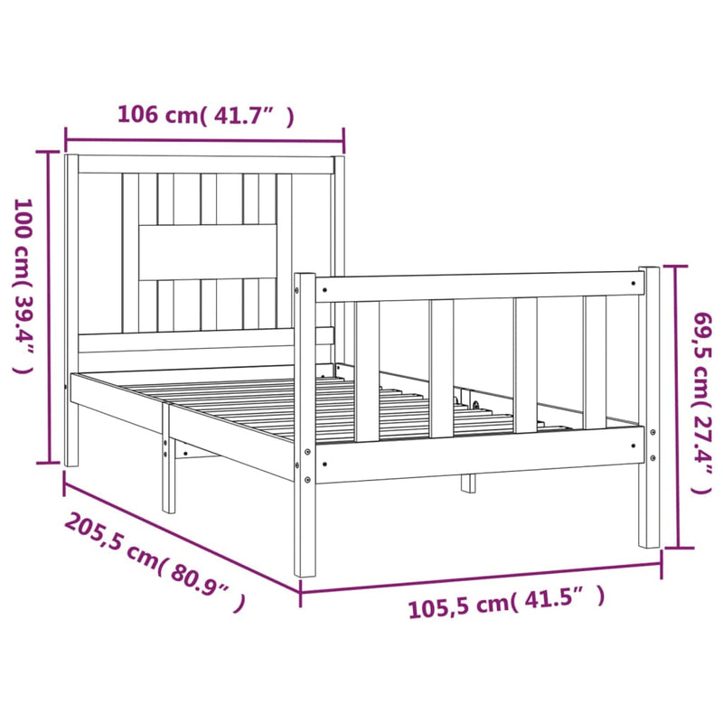 vidaXL fekete tömör fenyőfa ágykeret fejtámlával 100 x 200 cm