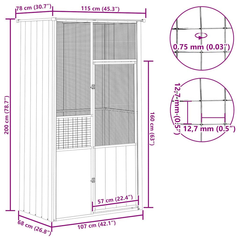 vidaXL antracitszürke horganyzott acél madárketrec 115 x 78 x 200 cm