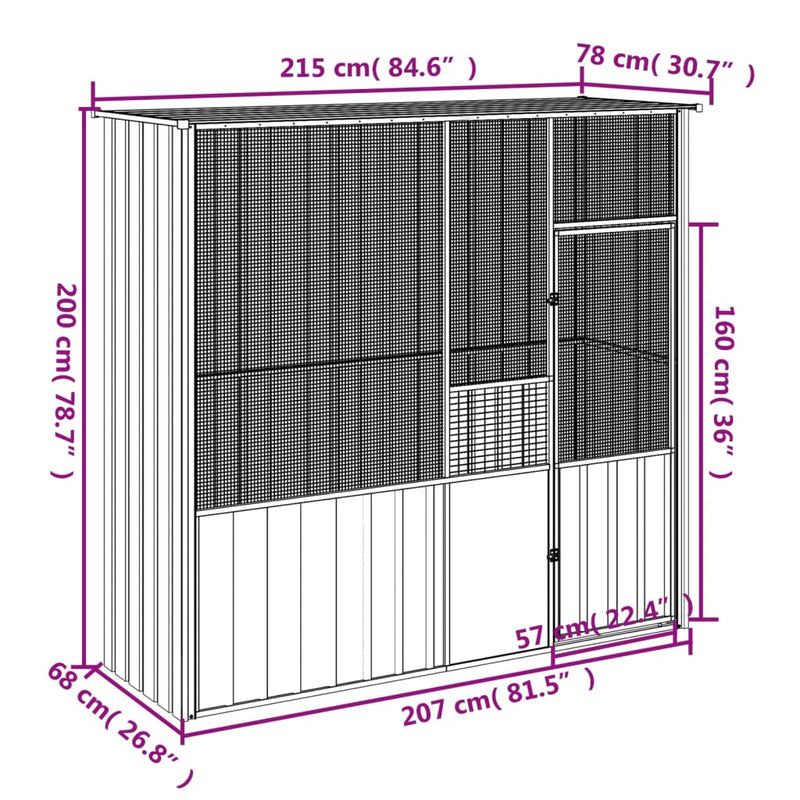 vidaXL antracitszürke horganyzott acél madárketrec 215x78x200 cm