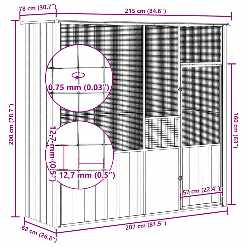 vidaXL antracitszürke horganyzott acél madárketrec 215x78x200 cm