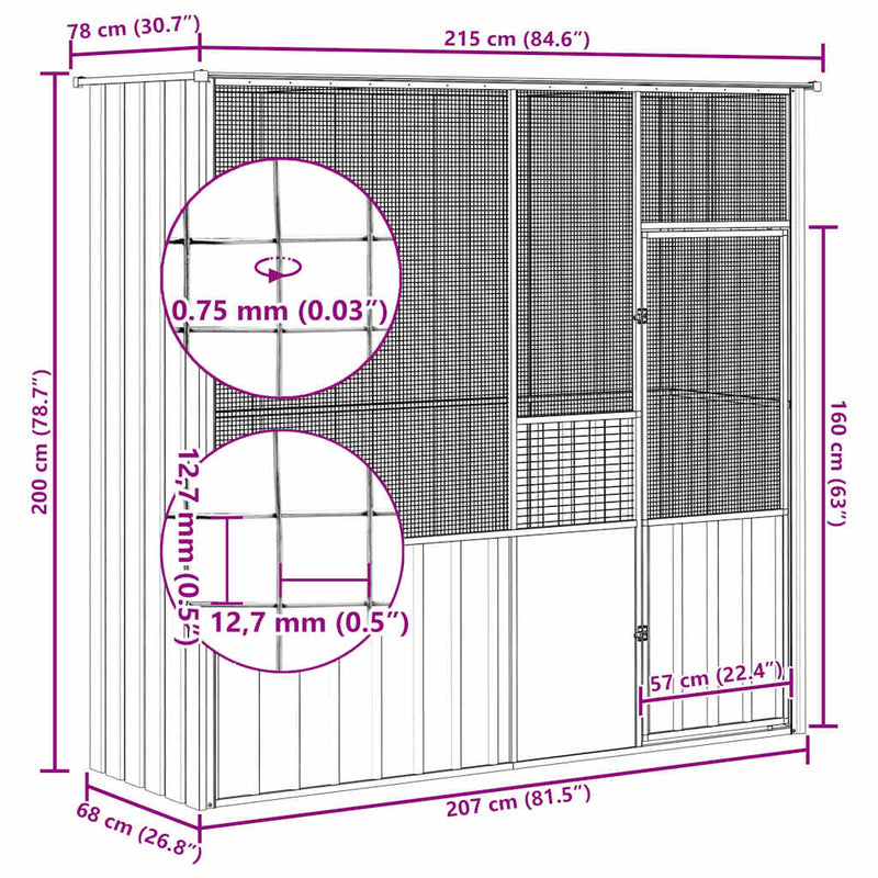 vidaXL szürke horganyzott acél madárketrec 215 x 78 x 200 cm