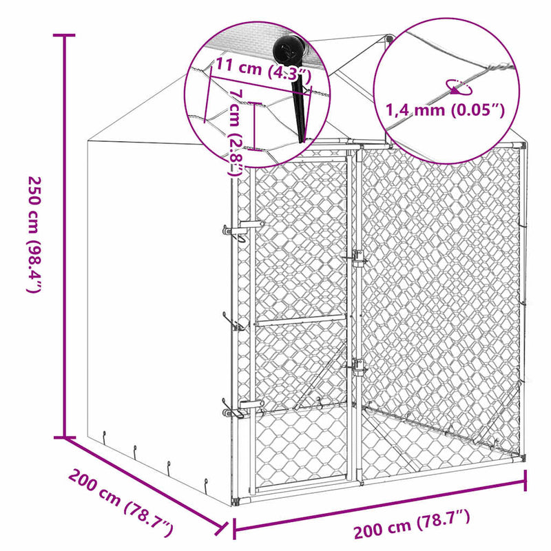 vidaXL ezüstszínű horganyzott acél kutyakennel tetővel 2x2x2,5 m