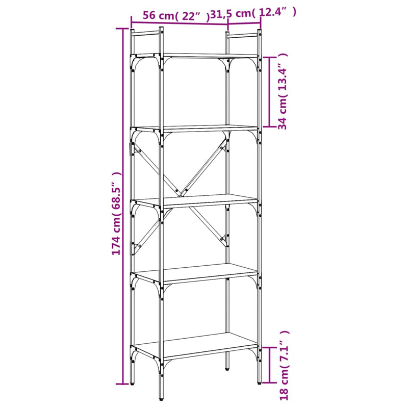 vidaXL 5 szintes barna tölgyszínű fa könyvespolc 56 x 31,5 x 174 cm