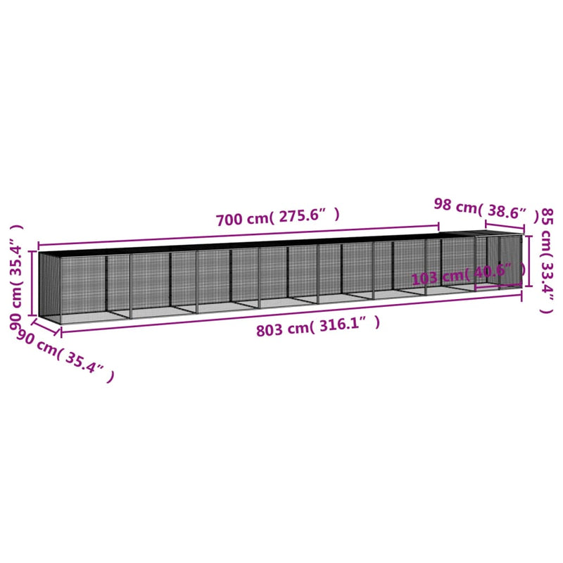 vidaXL antracitszürke horganyzott acél tyúkketrec tetővel 803x98x90 cm