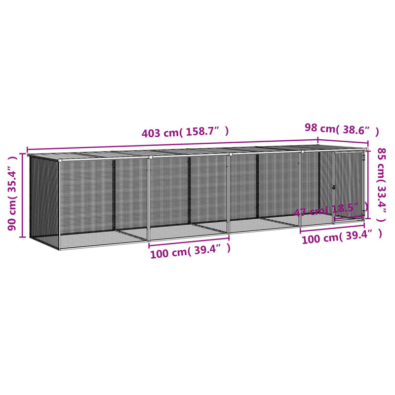 vidaXL világosszürke horganyzott acél tyúkketrec tetővel 403x98x90 cm