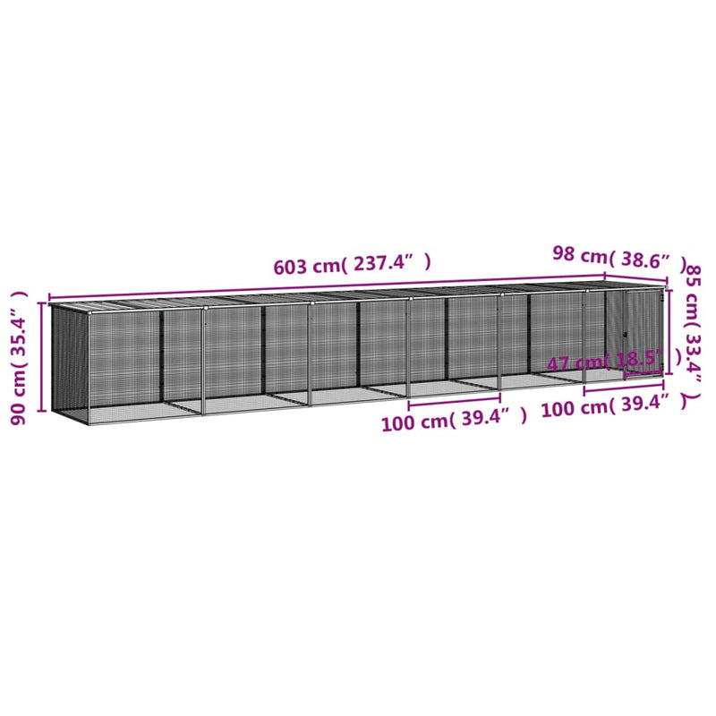 vidaXL világosszürke horganyzott acél tyúkketrec tetővel 603x98x90 cm