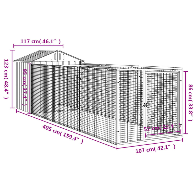 vidaXL antracitszürke horganyzott acél kutyakennel 117 x 405 x 123 cm