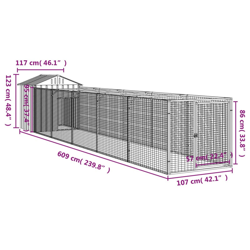 vidaXL világosszürke horganyzott acél kutyakennel 117 x 609 x 123 cm