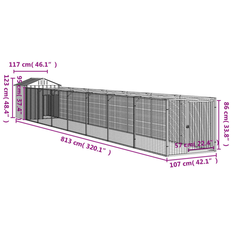 vidaXL világosszürke horganyzott acél kutyakennel 117 x 813 x 123 cm