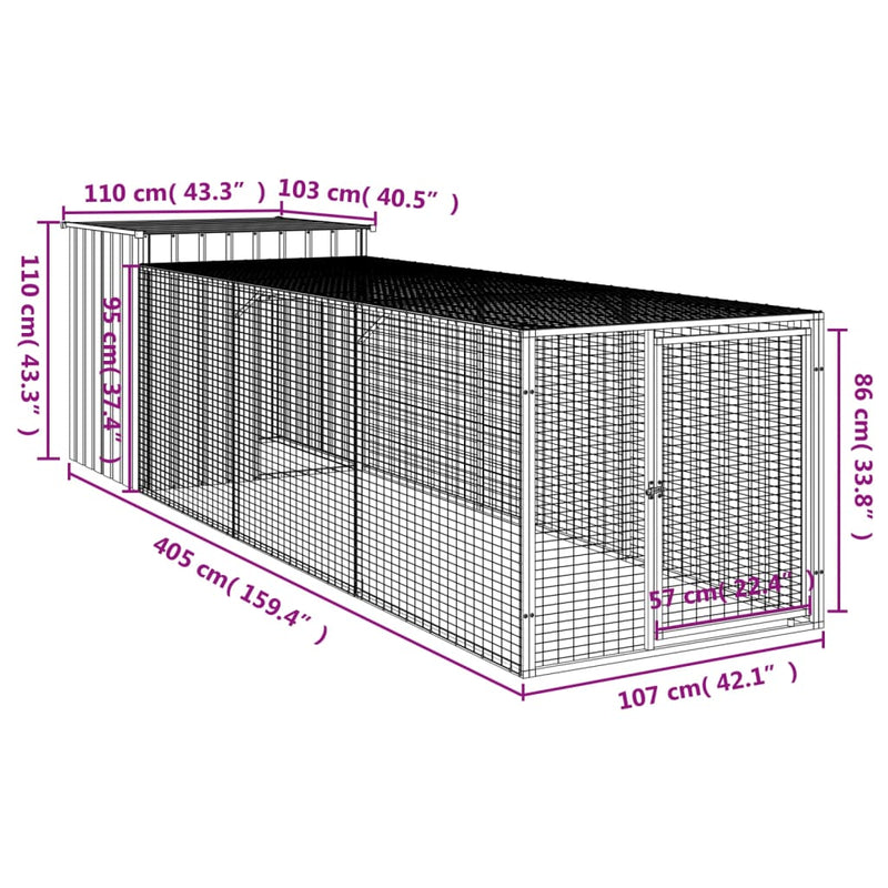 vidaXL világosszürke horganyzott acél tyúkketrec 110x405x110 cm