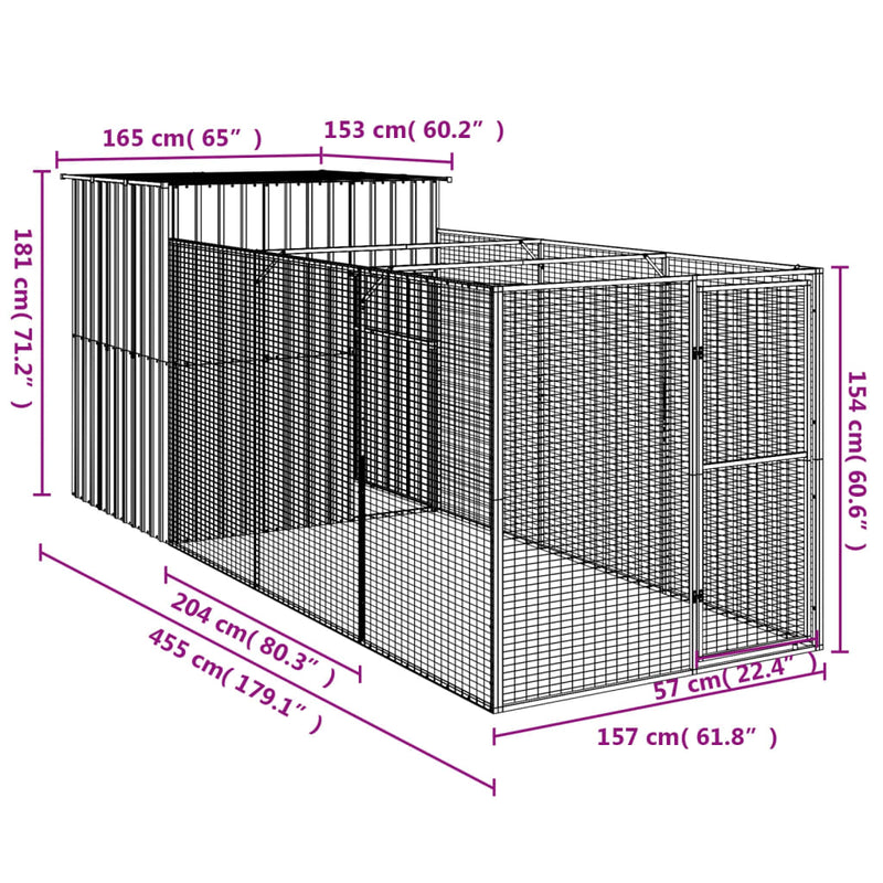 vidaXL antracitszürke horganyzott acél kutyakennel 165 x 455 x 181 cm