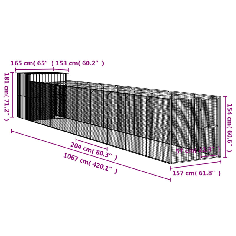 vidaXL antracitszürke horganyzott acél kutyakennel 165x1067x181 cm