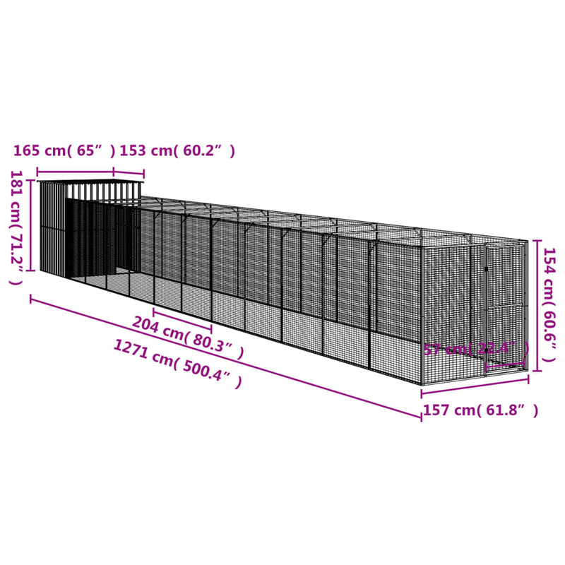 vidaXL antracitszürke horganyzott acél kutyakennel 165x1271x181 cm