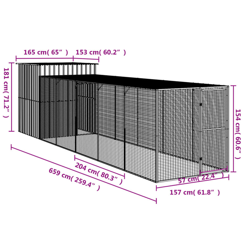 vidaXL antracit horganyzott acél tyúkketrec kifutóval 165x659x181 cm