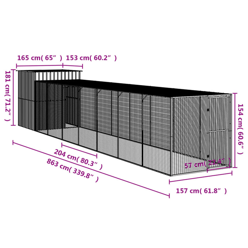 vidaXL antracit horganyzott acél tyúkketrec kifutóval 165x863x181 cm