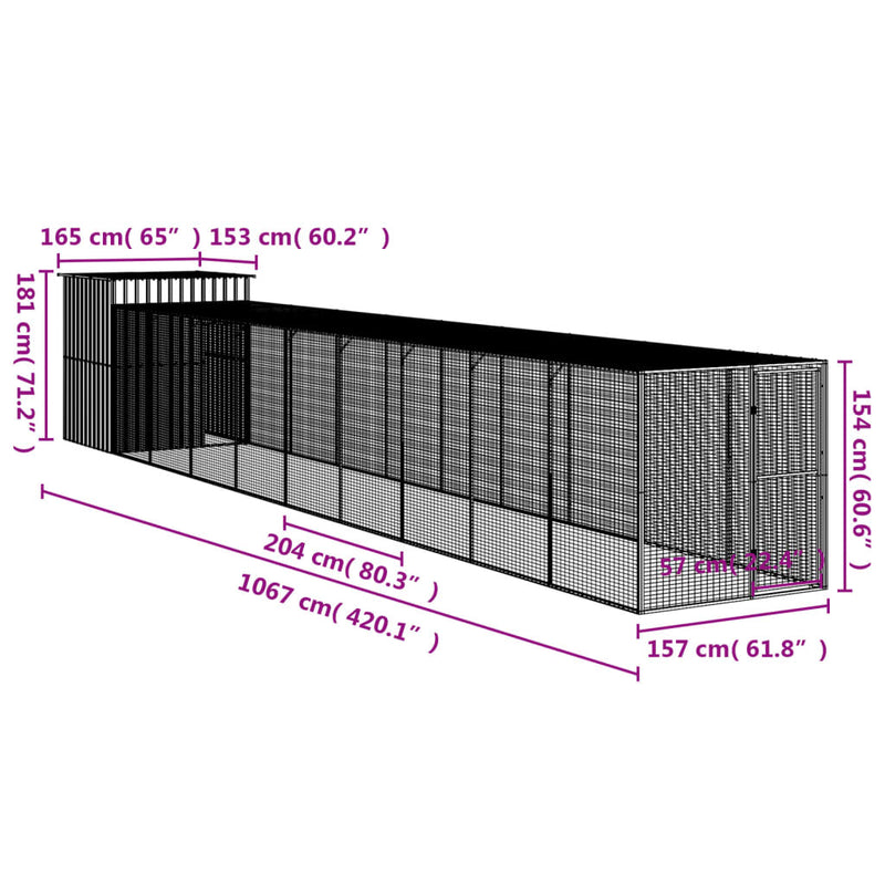 vidaXL antracit horganyzott acél tyúkketrec kifutóval 165x1067x181cm