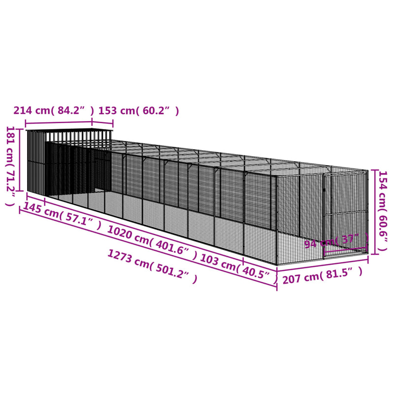 vidaXL világosszürke horganyzott acél tetős kutyakennel 214x1273x181cm