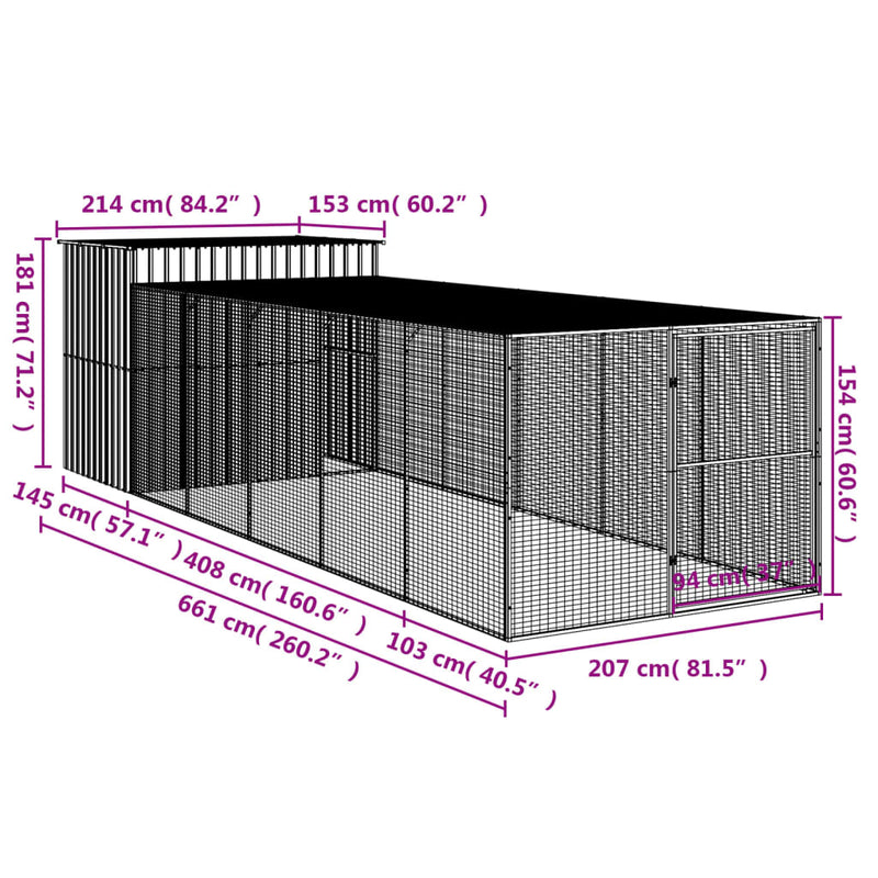 vidaXL antracitszürke horganyzott acél kutyakennel 214x661x181 cm