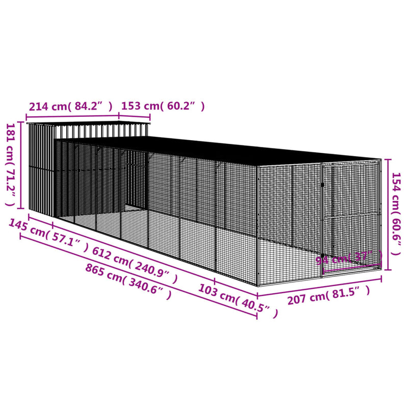 vidaXL antracitszürke horganyzott acél kutyakennel 214x865x181 cm