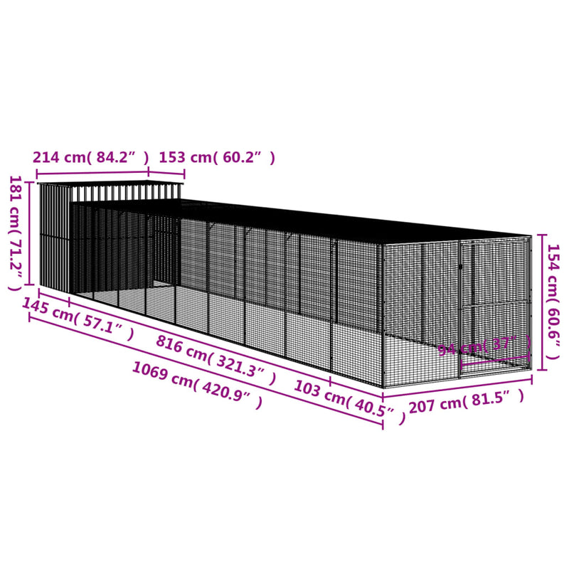 vidaXL antracitszürke horganyzott acél kutyakennel 214x1069x181 cm