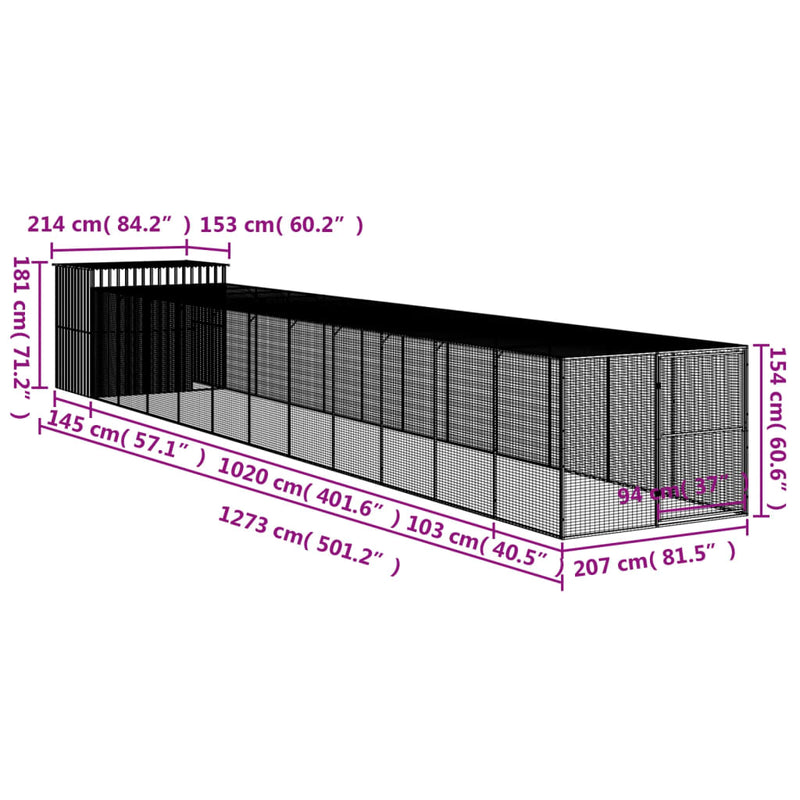 vidaXL antracitszürke horganyzott acél kutyakennel 214x1273x181 cm