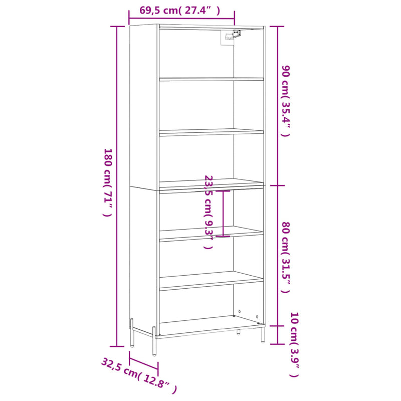 vidaXL sonoma tölgy színű szerelt fa magasszekrény 69,5x32,5x180 cm