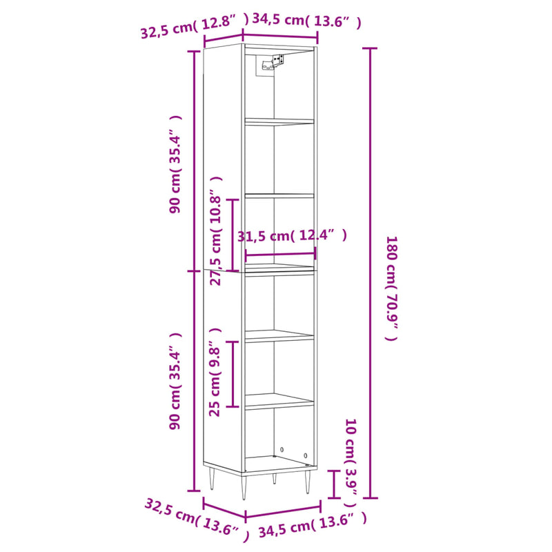 vidaXL füstös tölgy színű szerelt fa magasszekrény 34,5x32,5x180 cm