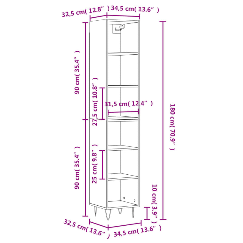 vidaXL füstös tölgy színű szerelt fa magasszekrény 34,5x32,5x180 cm