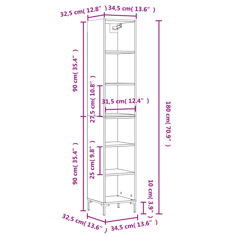 vidaXL füstös tölgy színű szerelt fa magasszekrény 34,5x32,5x180 cm