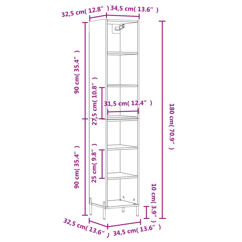 vidaXL füstös tölgy színű szerelt fa magasszekrény 34,5x32,5x180 cm