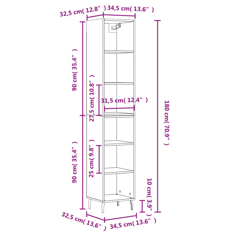 vidaXL füstös tölgy színű szerelt fa magasszekrény 34,5x32,5x180 cm