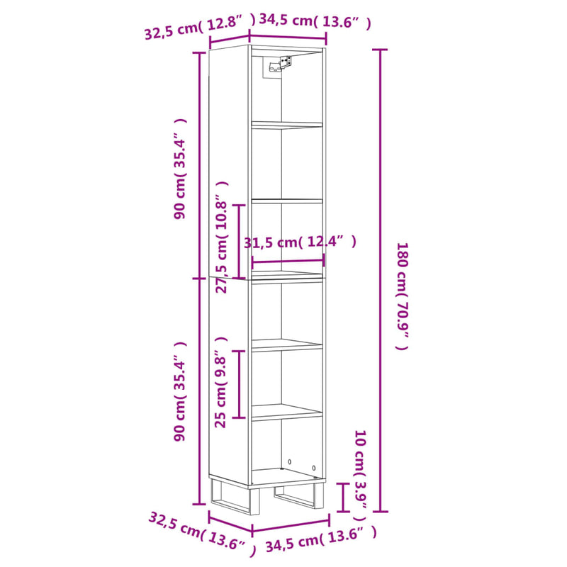 vidaXL füstös tölgy színű szerelt fa magasszekrény 34,5x32,5x180 cm