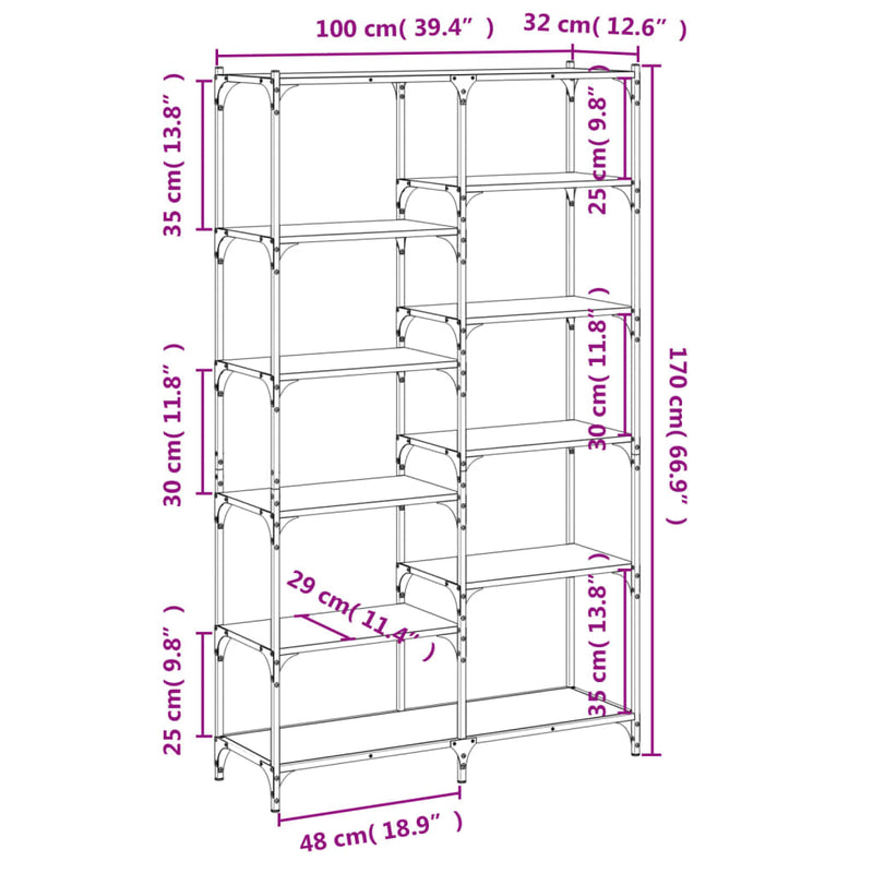 vidaXL fekete szerelt fa és vas könyvespolc 100 x 32 x 170 cm