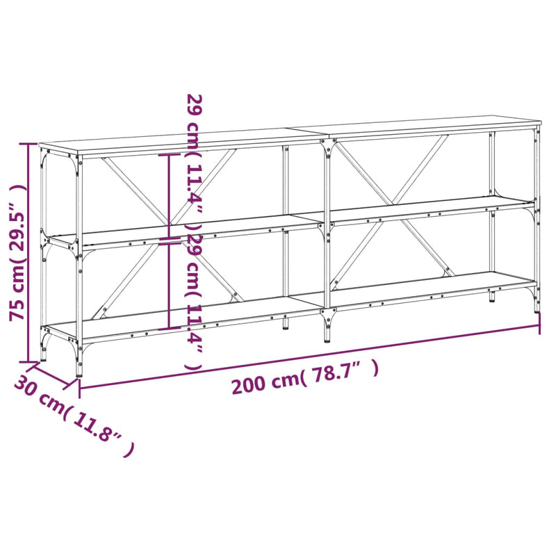 vidaXL sonoma tölgy színű szerelt fa és vas konzolasztal 200x30x75 cm