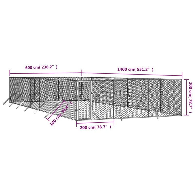 vidaXL ezüstszínű kültéri horganyzott acél kutyakennel 6 x 14 x 2 m